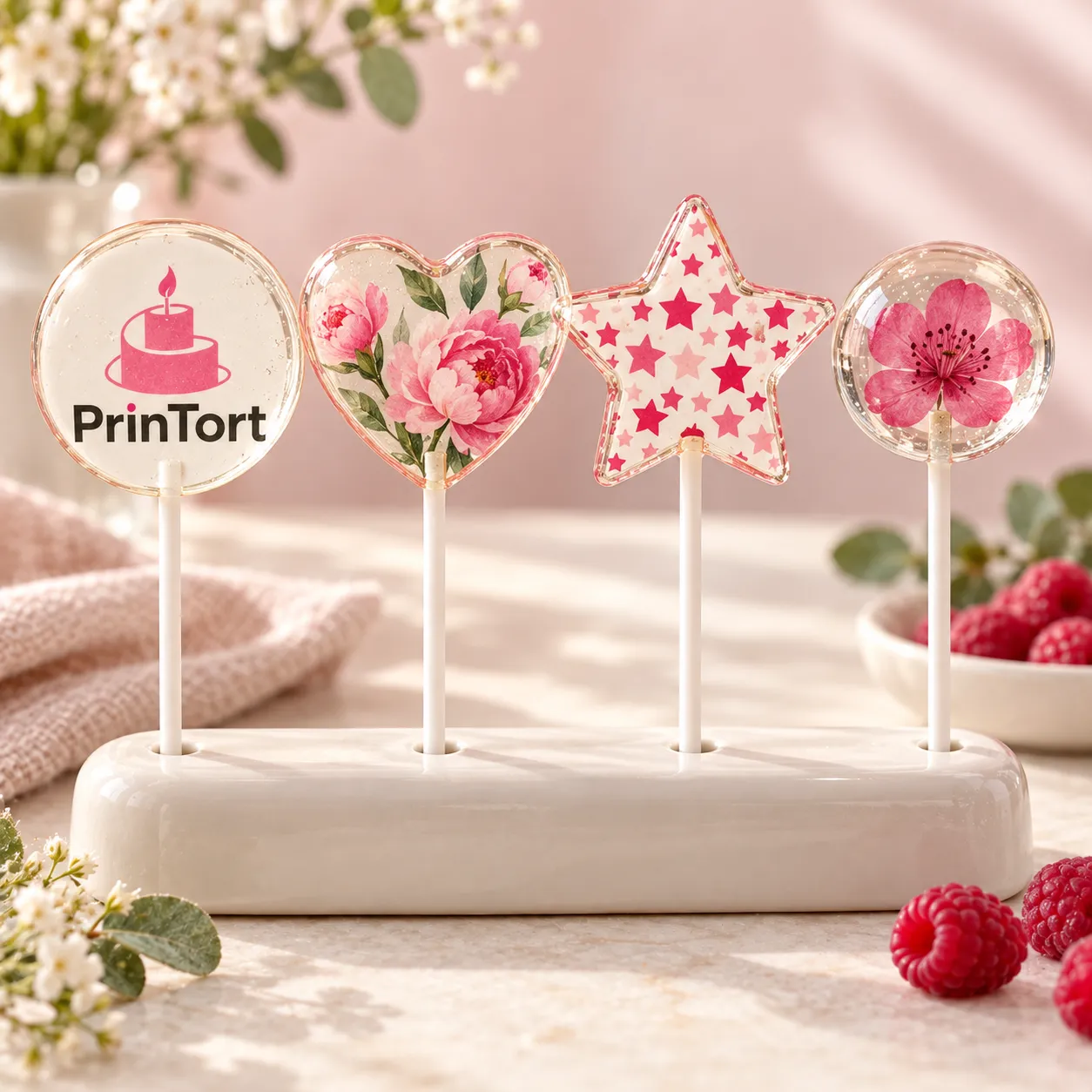 Главная PrinTort — Четыре формы леденцов с сахарной картинкой: круг PrinTort, цветочное сердце, звезда и сфера Главная PrinTort — Четыре формы леденцов с сахарной картинкой: круг PrinTort, цветочное сердце, звезда и сфера