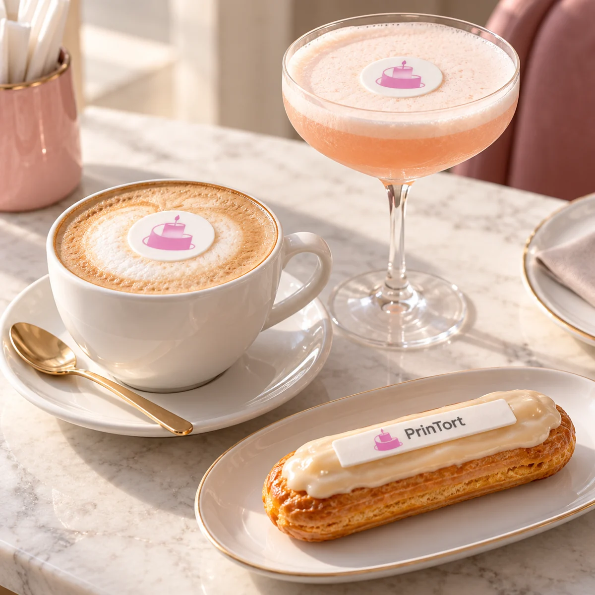 HoReCa — Брендированная подача кофе, коктейля и эклера — PrinTort · визуализация HoReCa — Брендированная подача кофе, коктейля и эклера — PrinTort · визуализация