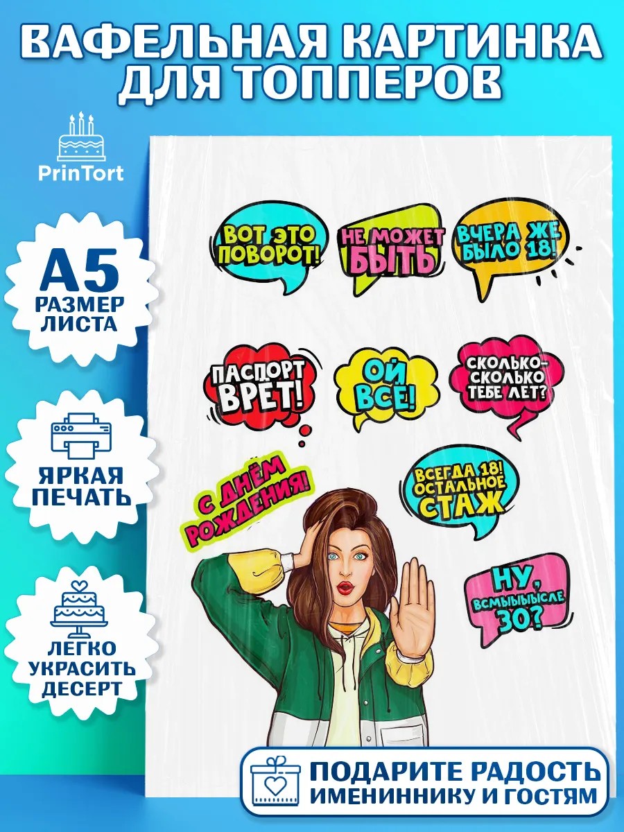 Топперы тонкая вафля Поп арт Топпер Топперы тонкая вафля, Поп арт, Девочка, День рождения, арт. PT0100559