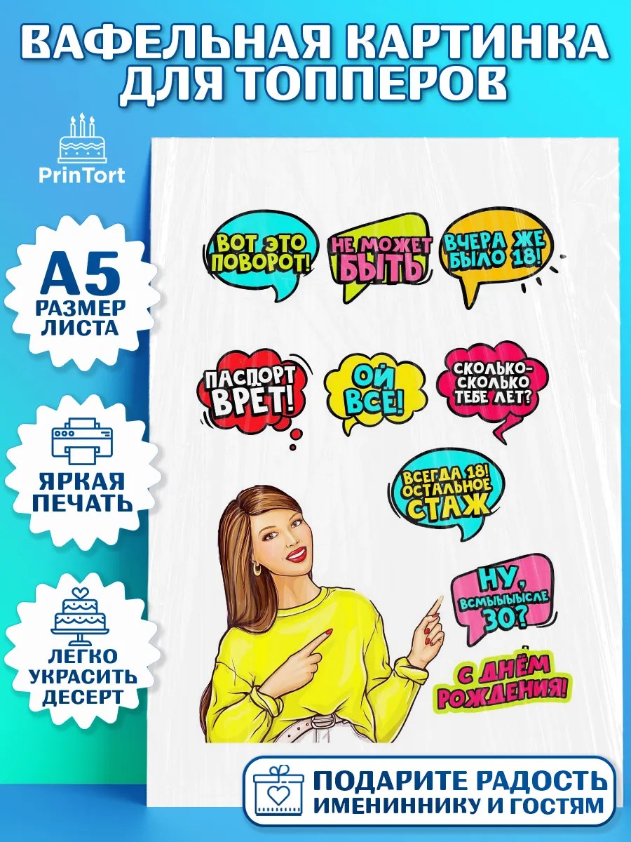 Топперы тонкая вафля Поп арт Топпер Топперы тонкая вафля, Поп арт, Девочка, День рождения, арт. PT0100561