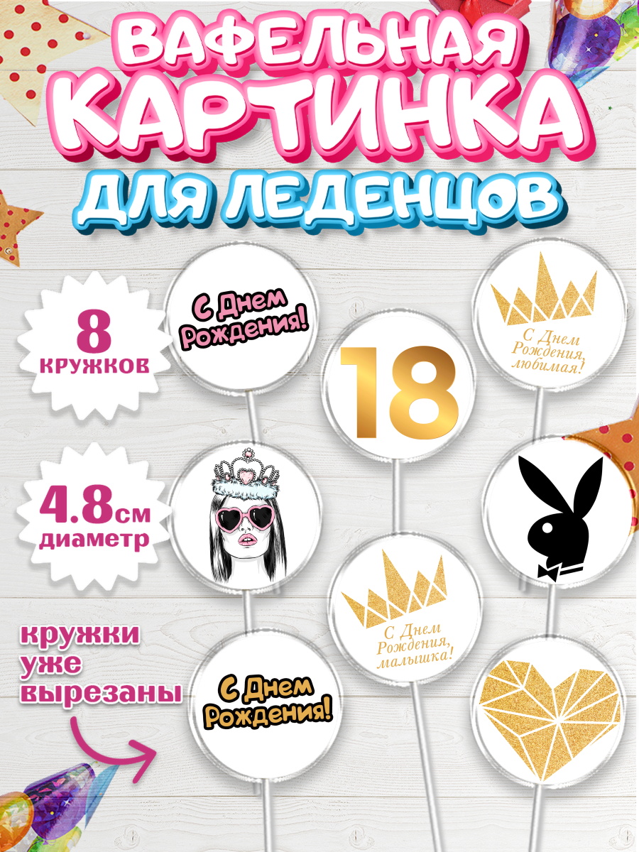 Вафельная картинка для леденцов на торт Девушке 18 лет в день рождения Вафельная картинка для леденцов 4,5см, Девушке 18 лет, Девушка, 18 лет, День рождения, арт. PL205712_2