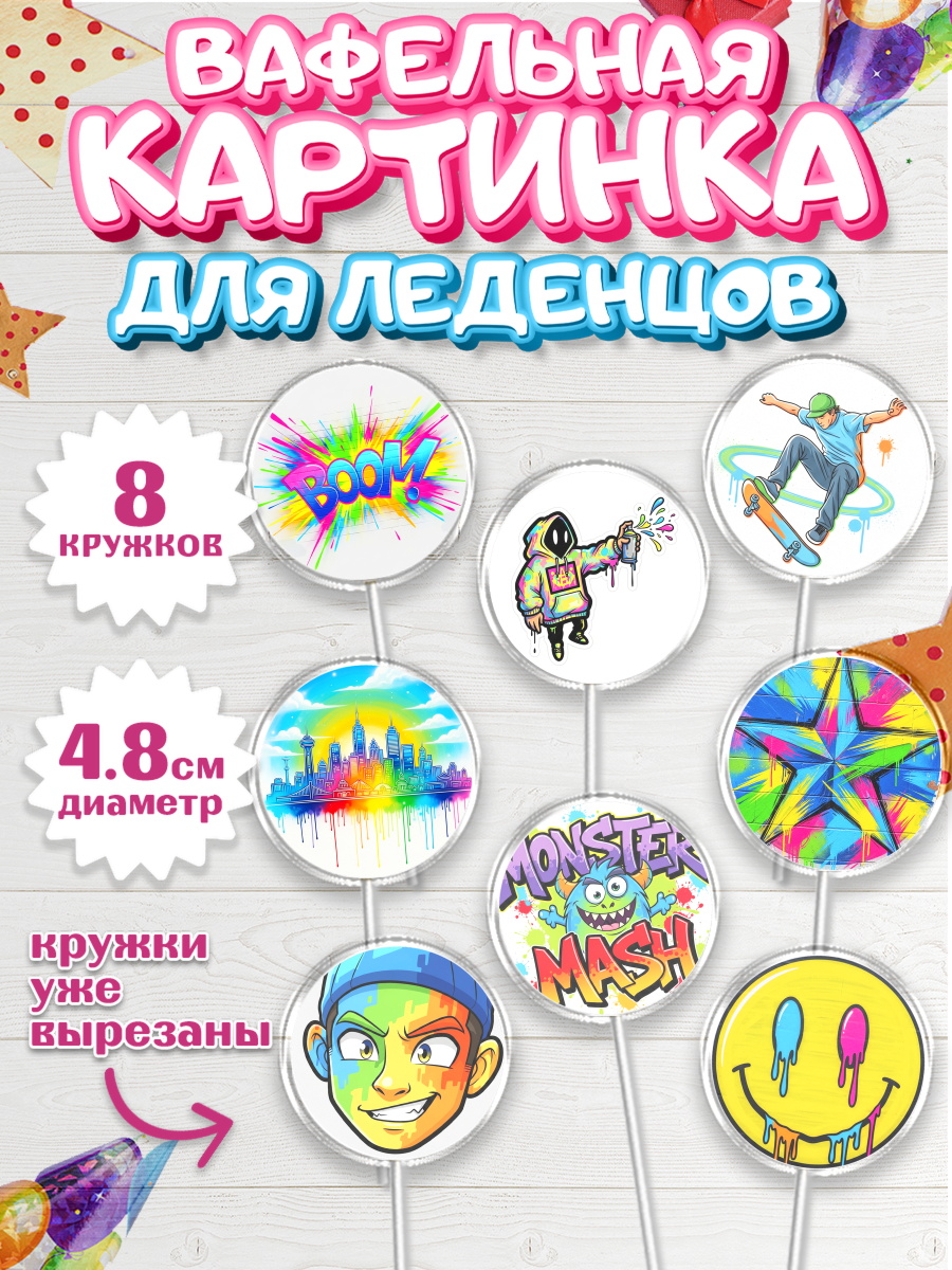 Вафельная картинка для леденцов 4,5см Капк 5 Вафельная картинка для леденцов 4,5см, Граффити, рисунок, надпись, тинейджер, Девочка, День рождения, арт. PL222267_1
