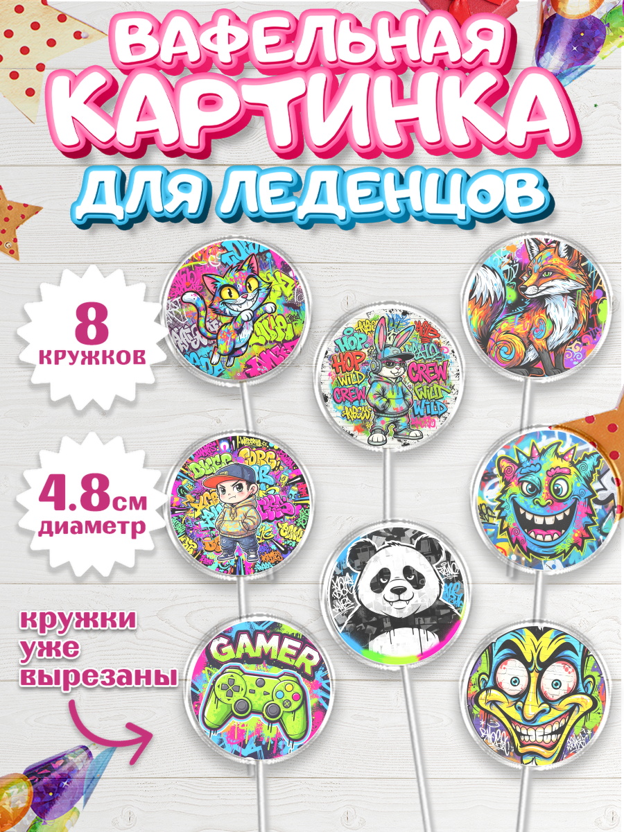 Вафельная картинка для леденцов 4,5см Капк 5 Вафельная картинка для леденцов 4,5см, Граффити, рисунок, надпись, тинейджер, Девочка, День рождения, арт. PL222271_1