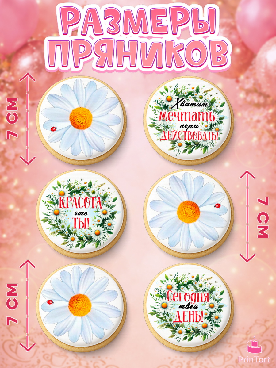 Пряники с пищевой печатью масматрица, День рождения, Лягушка, принцеса, ромашки, букет, цветы, арт. PP220484_2, кадр 2