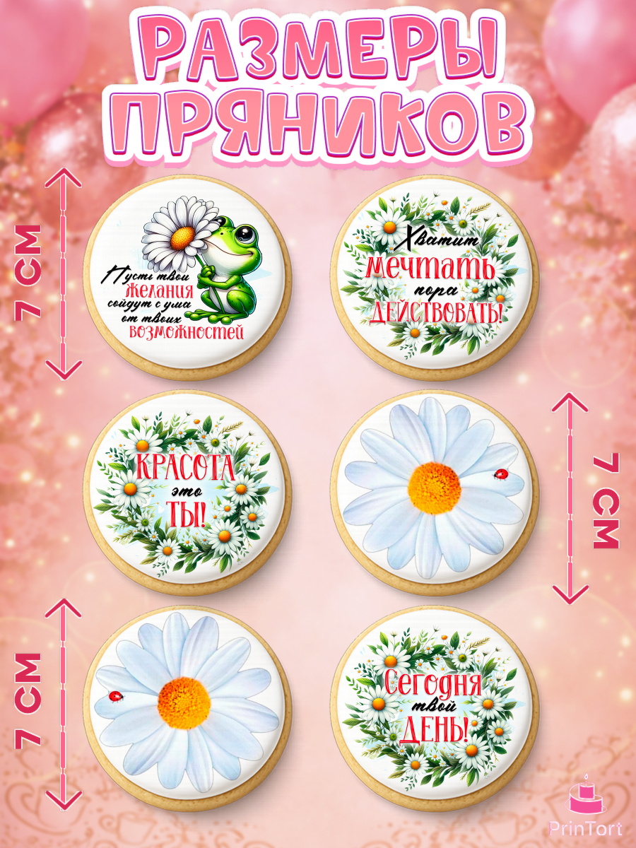 Пряники с пищевой печатью масматрица, День рождения, Лягушка, принцеса, ромашки, букет, цветы, арт. PP220485_2, кадр 2