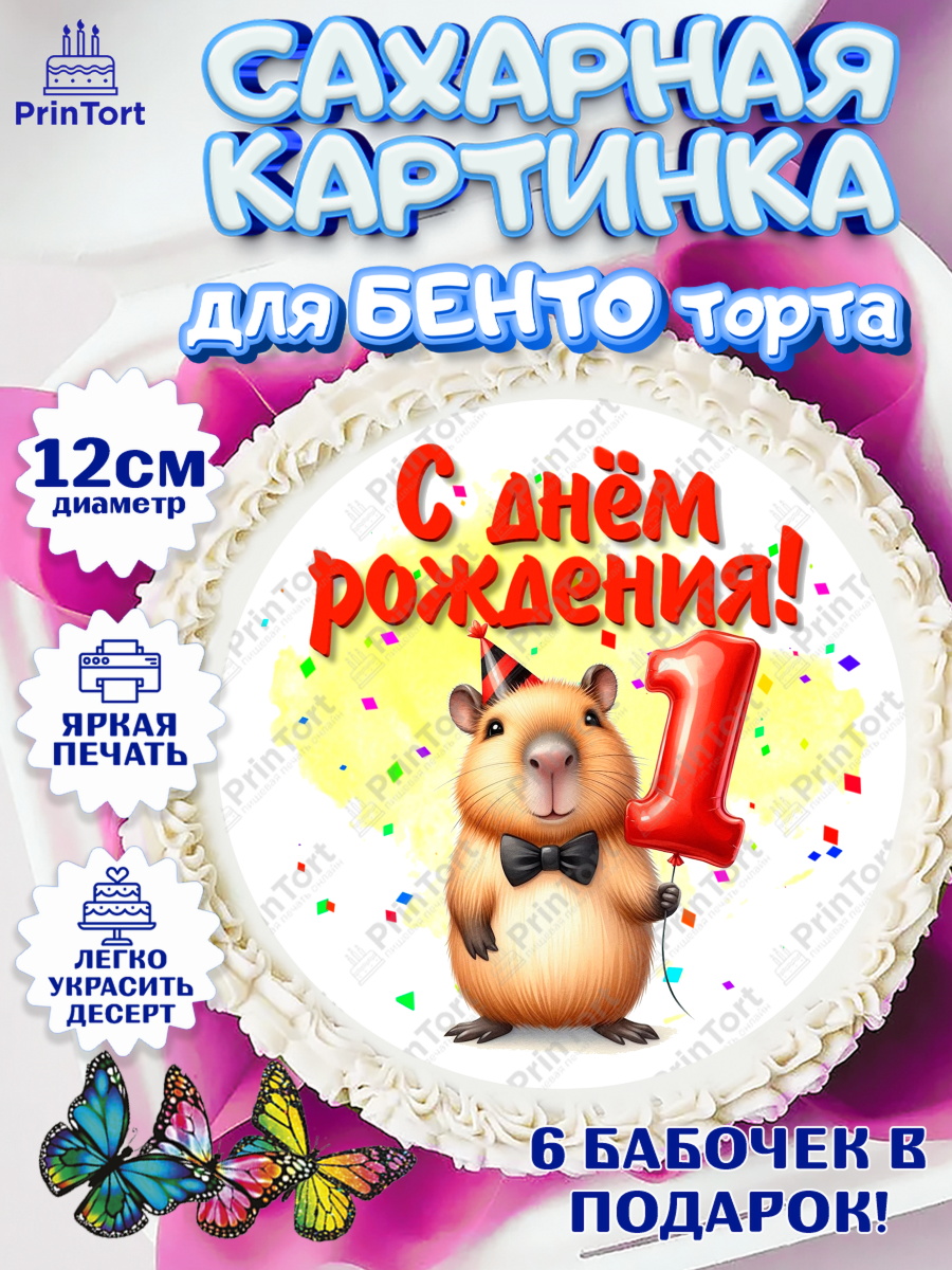 Сахарные круги 12см PT05 День Рождения Круг Сахарные круги 12см PT05, День рождения, Капибара, праздник, Девочка, 1 год, арт. PT0521388
