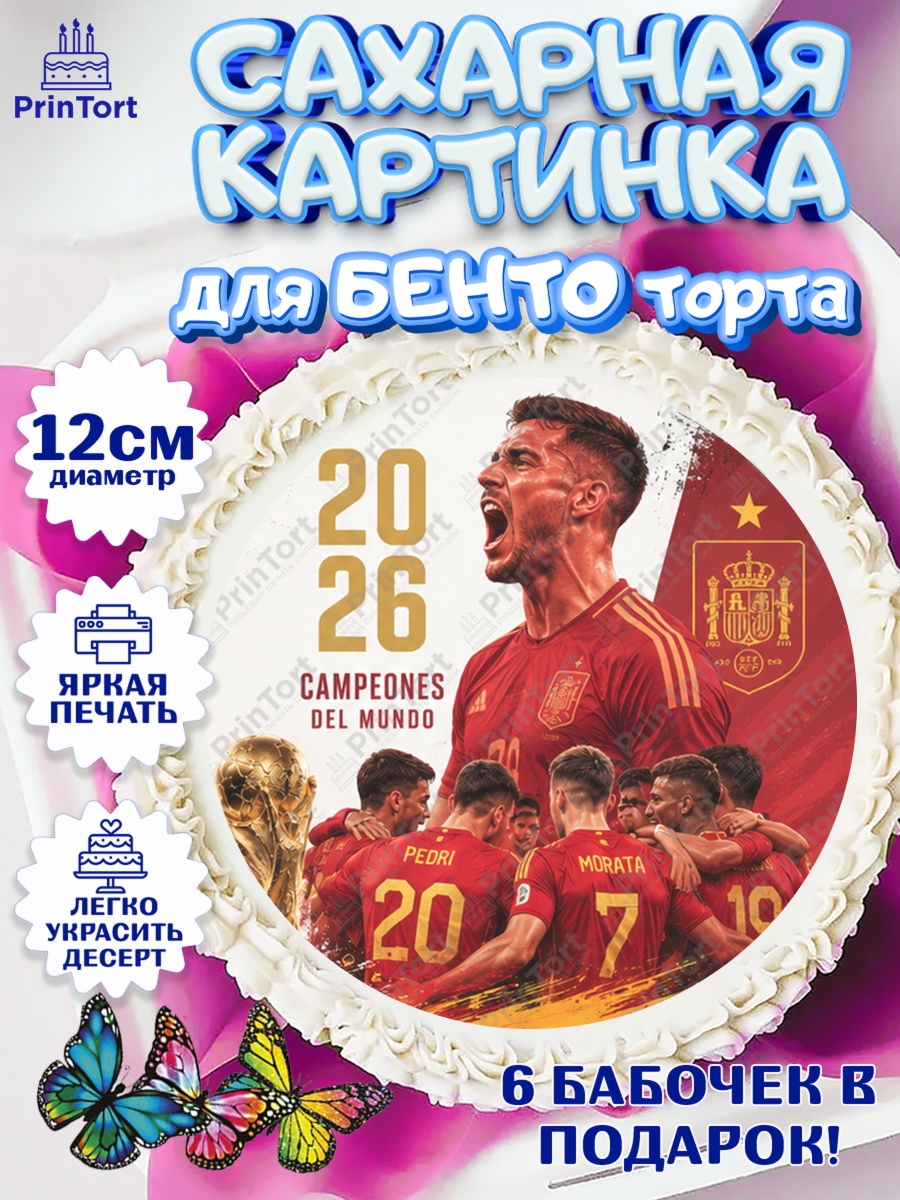 Сахарная картинка для бенто торта мальчику Сборная Испании Сахарные круги 12см PT05, Сборная Испании, Сборная Испании с кубком, Девочка, Без конкретного повода, арт. PT0526328