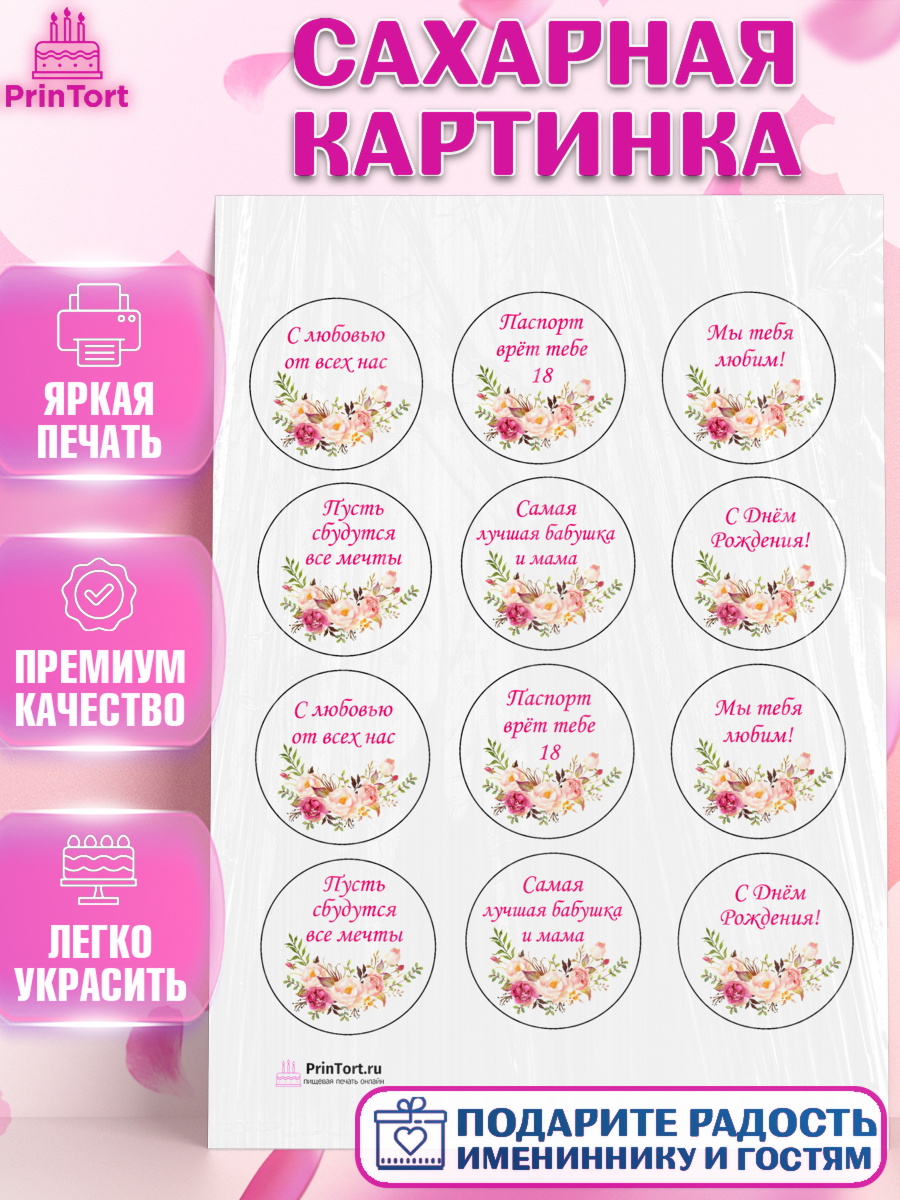 Сахарная картинка на торт Бабушка в день рождения Сахарная картинка, Бабушка, Девушка, День рождения, арт. PT100548