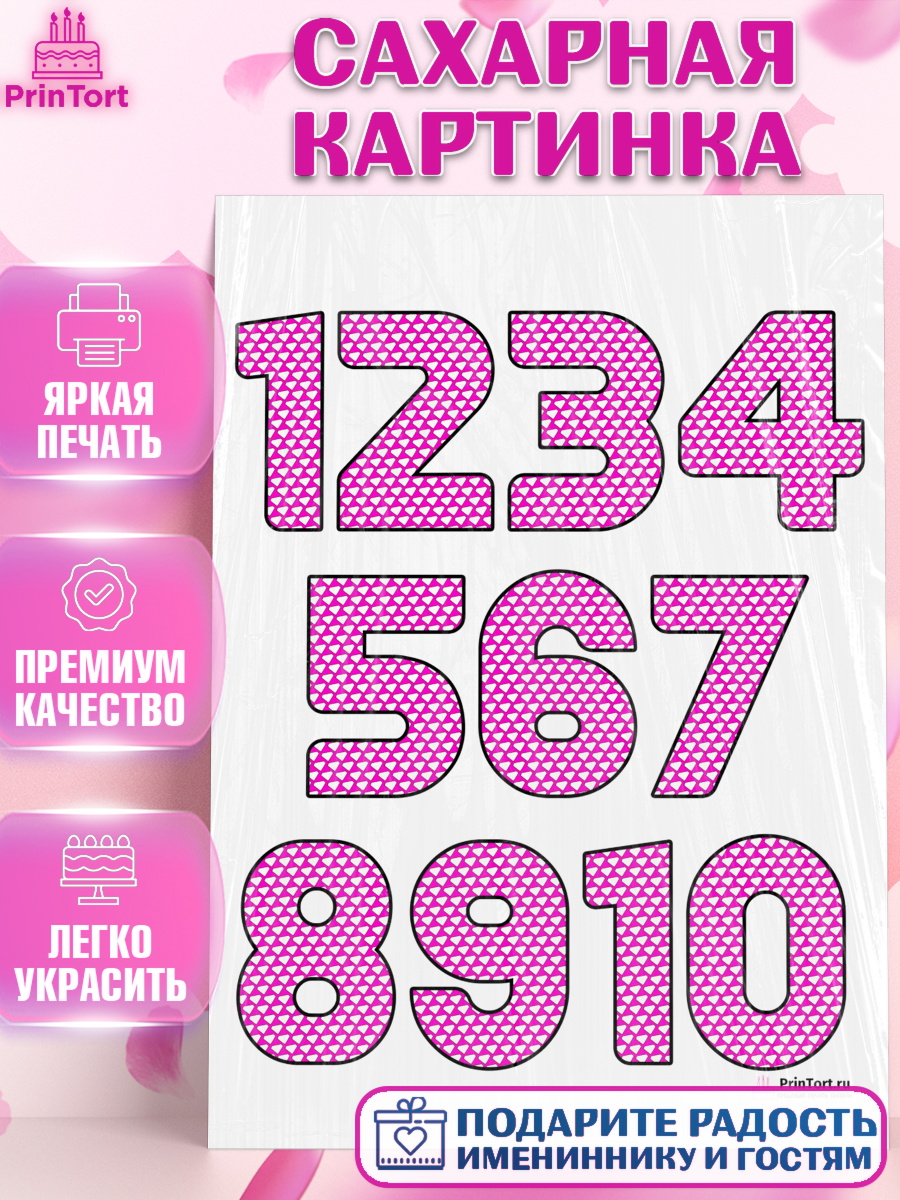 Сахарная картинка на торт Цифры ребёнку в день рождения Сахарная картинка, Цифры, Съедобное украшение, Девочка, День рождения, арт. PT100935