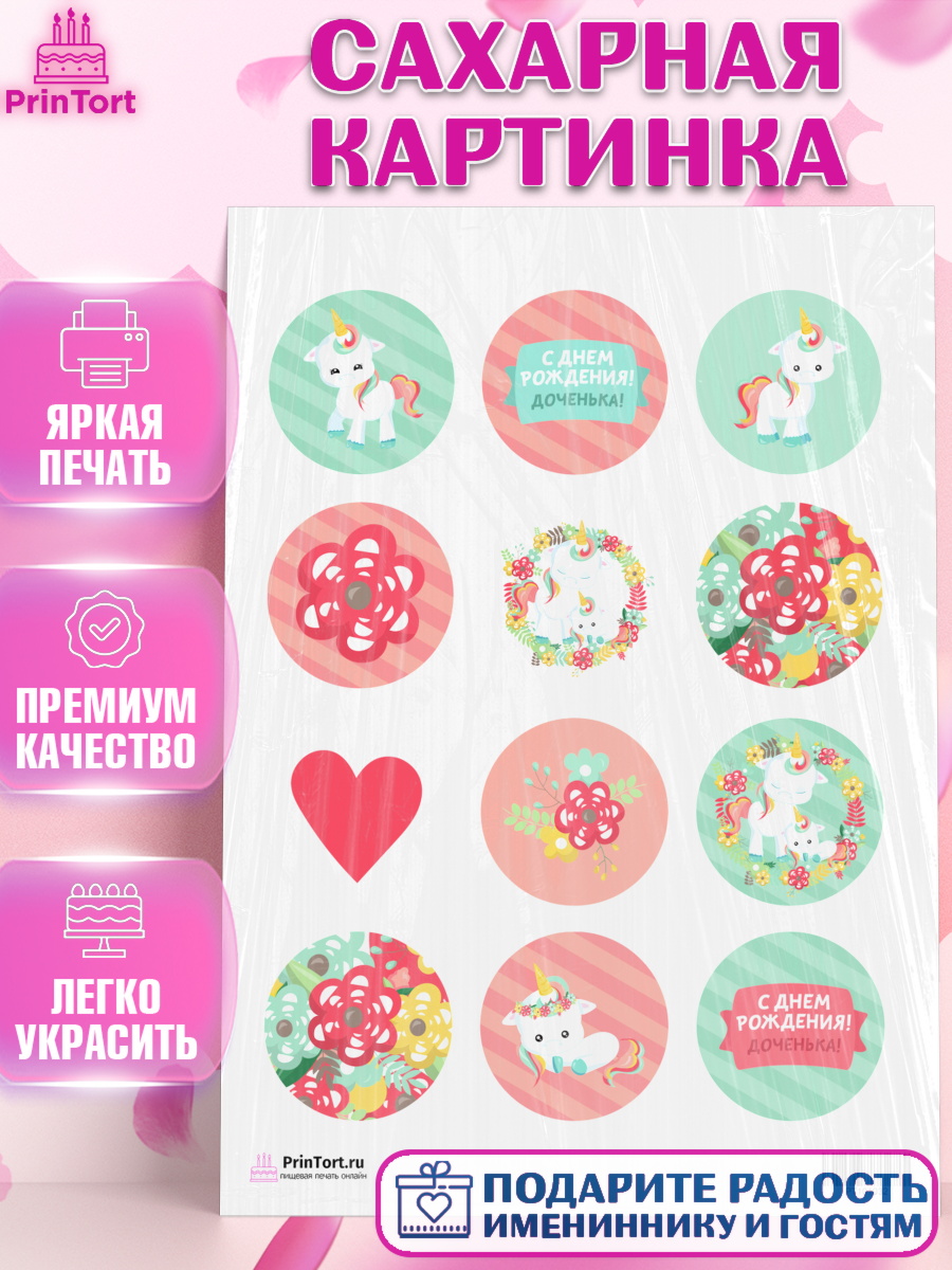 Сахарная картинка на торт Зефирный Единорог ребёнку в день рождения Сахарная картинка, Зефирный Единорог, Радужный Единорог, Девочка, День рождения, арт. PT101032