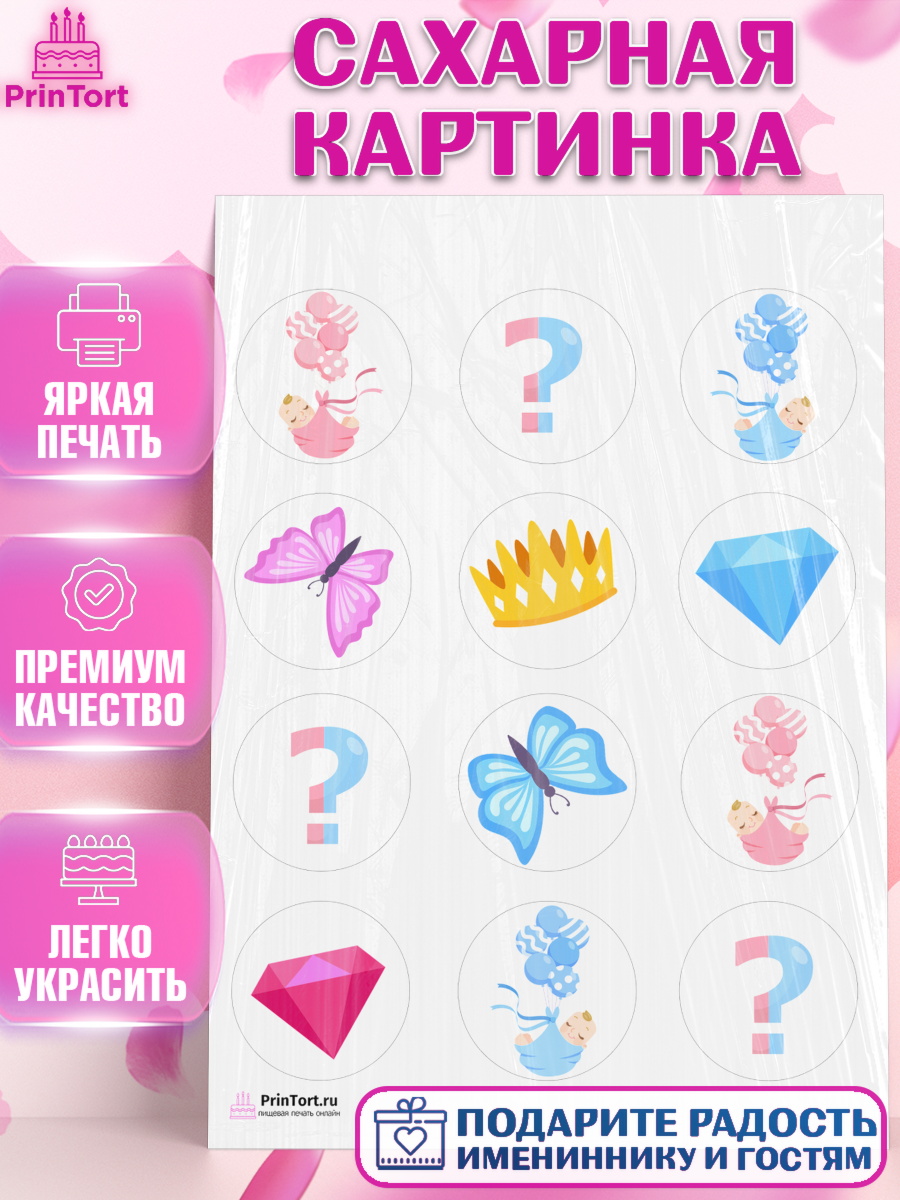 Сахарная картинка на торт Мальчик или девочка ребёнку в день рождения Сахарная картинка, Мальчик или девочка, Гендер пати, Девочка, День рождения, арт. PT103114