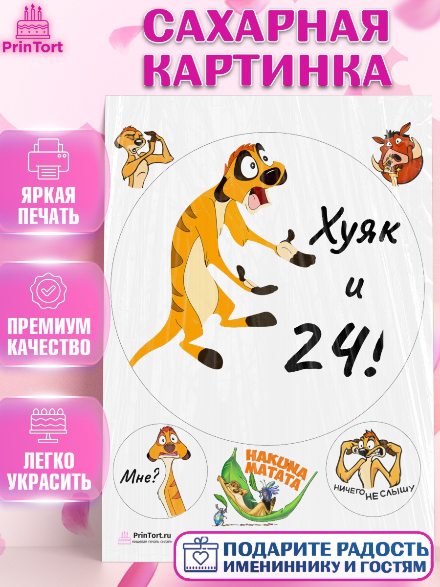 Сахарная картинка на торт Тимон Ху-к ребёнку на 24 года Сахарная картинка, Тимон Ху-к, Девушка, 24 года, День рождения, арт. PT104456