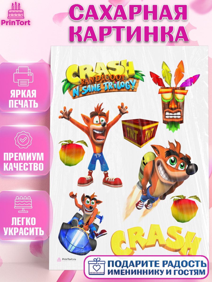 Сахарная картинка Крэш Бандикут Топпер Сахарная картинка, Крэш Бандикут, Crash Bandicoot, Девочка, День рождения, арт. PT106370