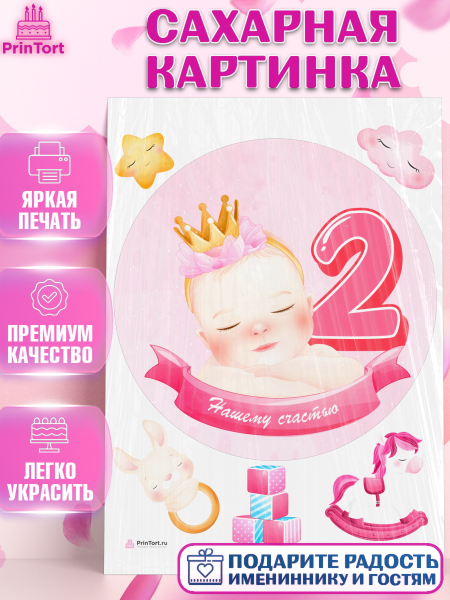 Сахарная картинка на торт Девочке 2 мес в день рождения Сахарная картинка, Девочке 2 мес, Девочка, 2 месяца, День рождения, арт. PT107486
