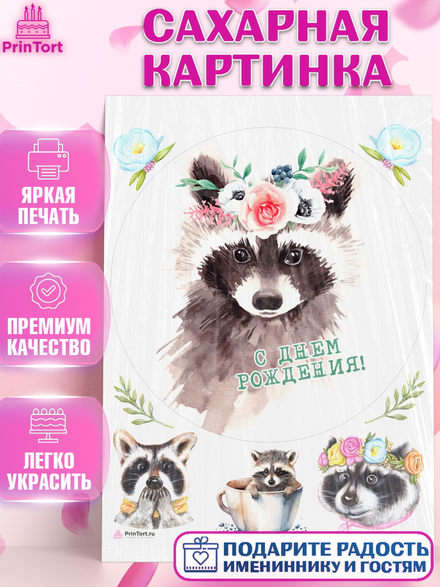 Сахарная картинка Енот Круг Сахарная картинка, Енот, Животные, Девочка, День рождения, арт. PT111449