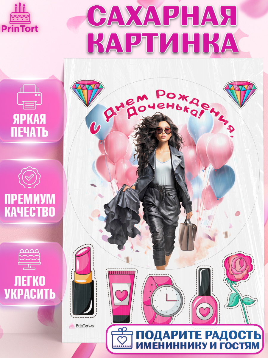 Сахарная картинка Девушке Круг Сахарная картинка, Девушке, девушка с воздушными шарами, косметика, Девочка, День рождения, арт. PT113632