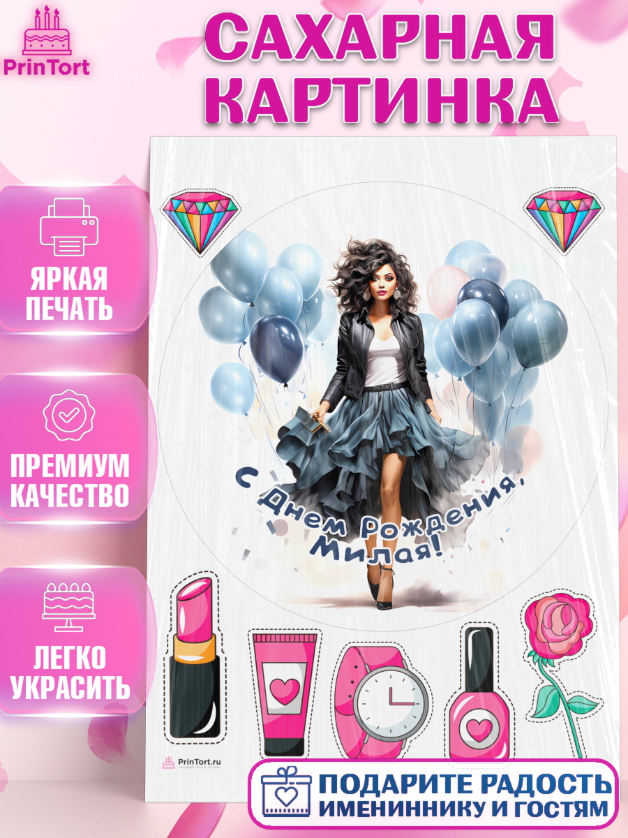 Сахарная картинка Девушке Круг Сахарная картинка, Девушке, девушка с воздушными шарами, косметика, Девочка, День рождения, арт. PT113633