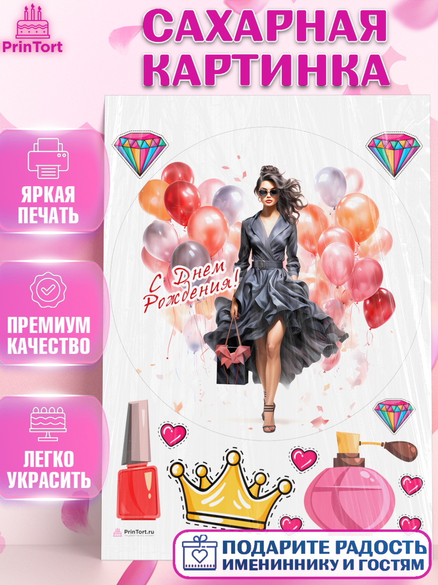 Сахарная картинка Девушке Круг Сахарная картинка, Девушке, девушка с шарами, косметика, Девочка, День рождения, арт. PT113635
