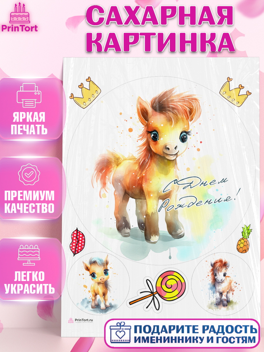 Сахарная картинка Пони Круг Сахарная картинка, Пони, лошадка, корона, Девочка, День рождения, арт. PT117073