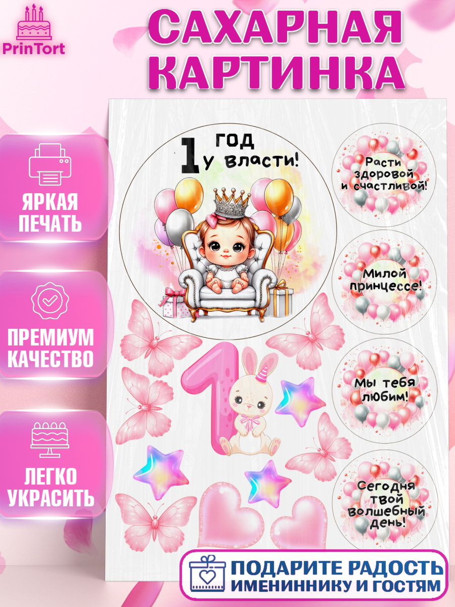 Сахарная картинка День Рождение малышки Топпер Сахарная картинка, День Рождение малышки, Девочка, 1 год, День рождения, арт. PT120917