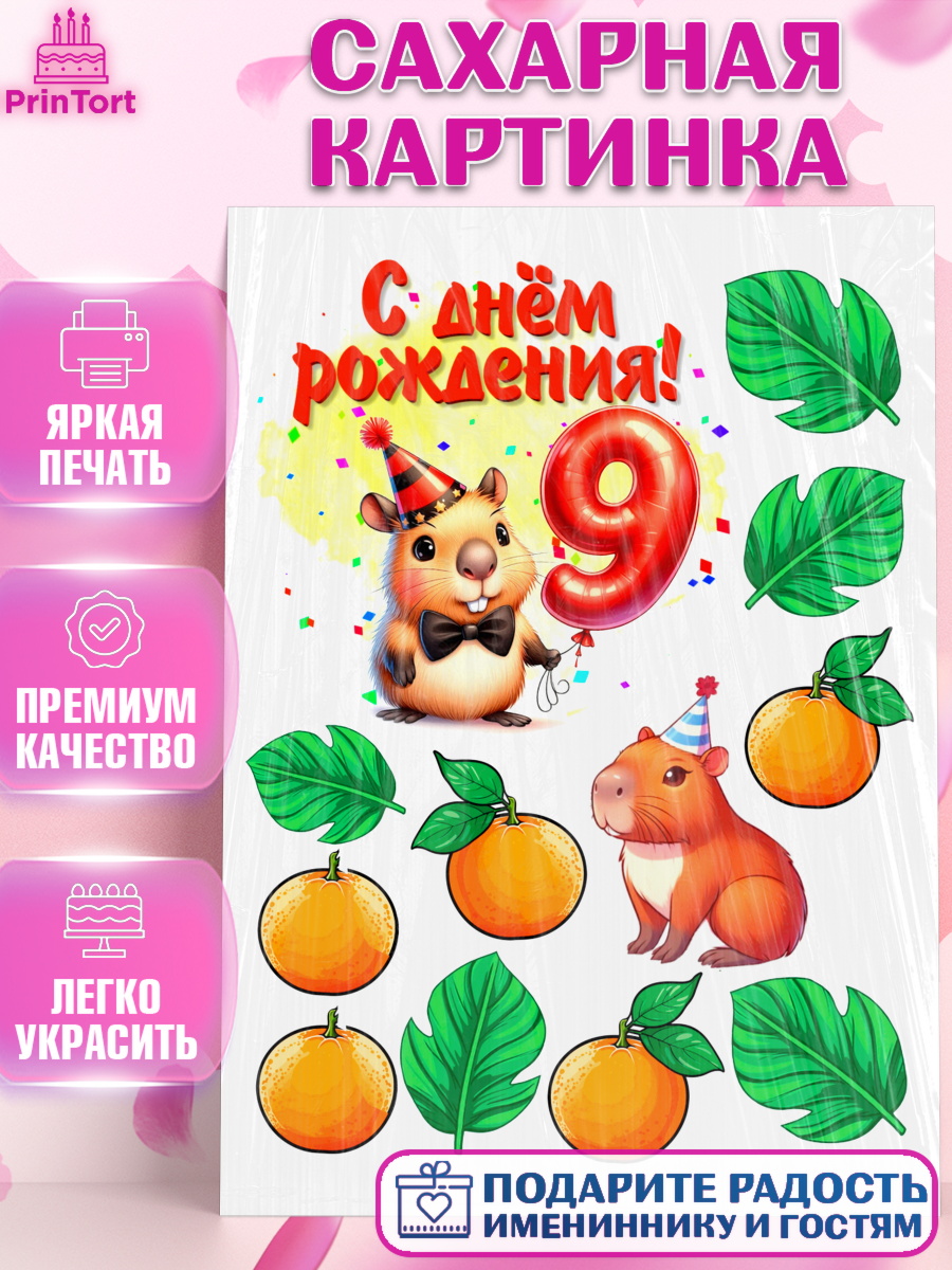 Сахарная картинка День Рождения Топпер Сахарная картинка, День рождения, Капибара, праздник, Девочка, 9 лет, арт. PT121408