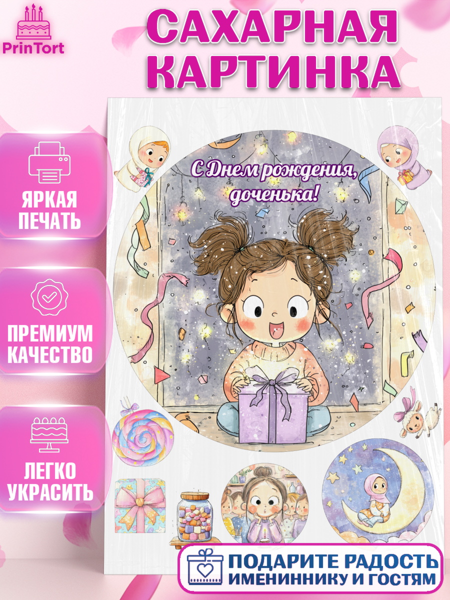 Сахарная картинка День Рождения Круг Сахарная картинка, День рождения, Девочка, арт. PT122720
