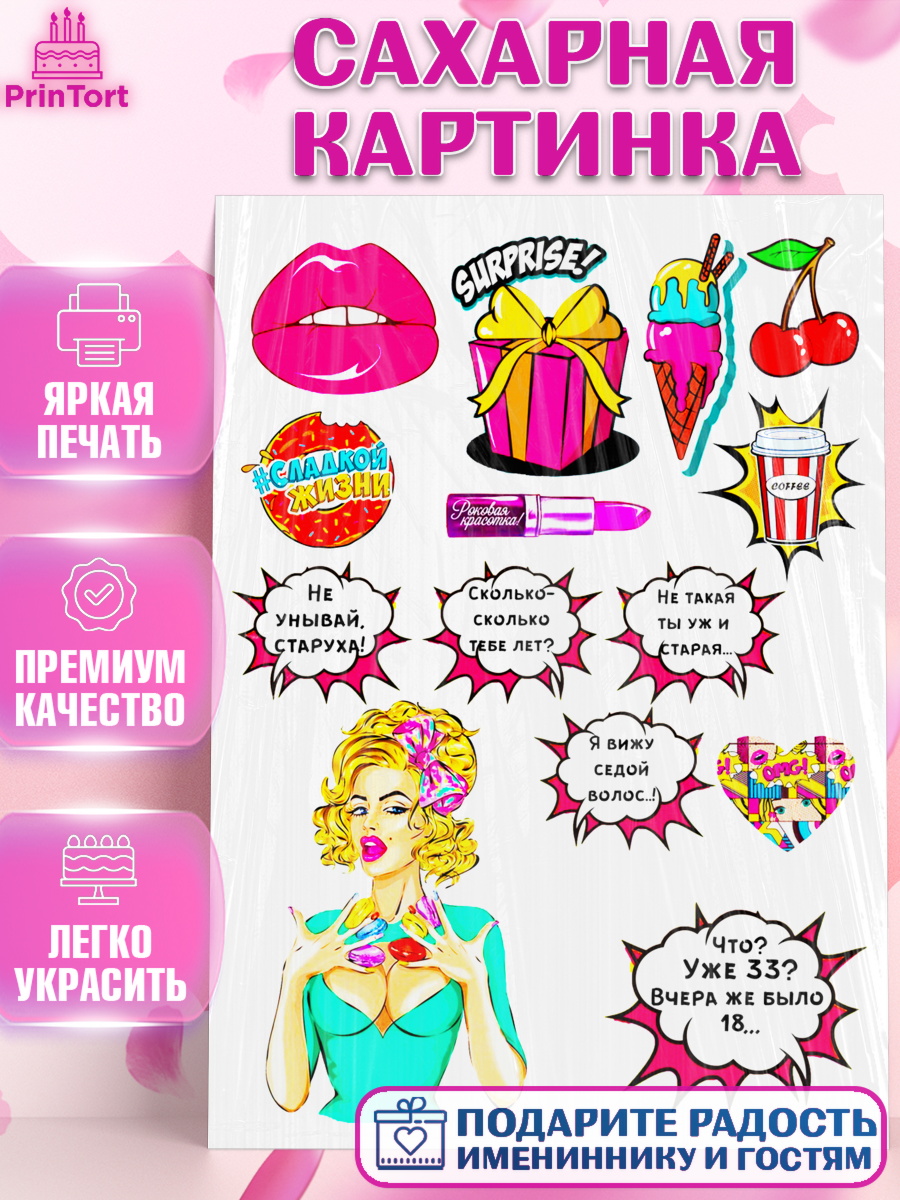 Сахарная картинка Фигурный декор Сахарная картинка, Девушка, Поп Арт, Девочка, День рождения, арт. PT125406