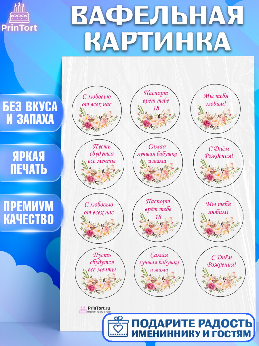 Вафельная картинка на торт Бабушка в день рождения Вафельная картинка, Бабушка, Девушка, День рождения, арт. PT200548