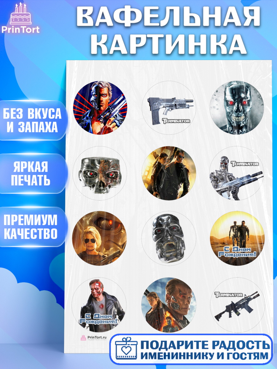 Вафельная картинка на торт Терминатор ребёнку в день рождения Вафельная картинка, Терминатор, Девочка, День рождения, арт. PT205749
