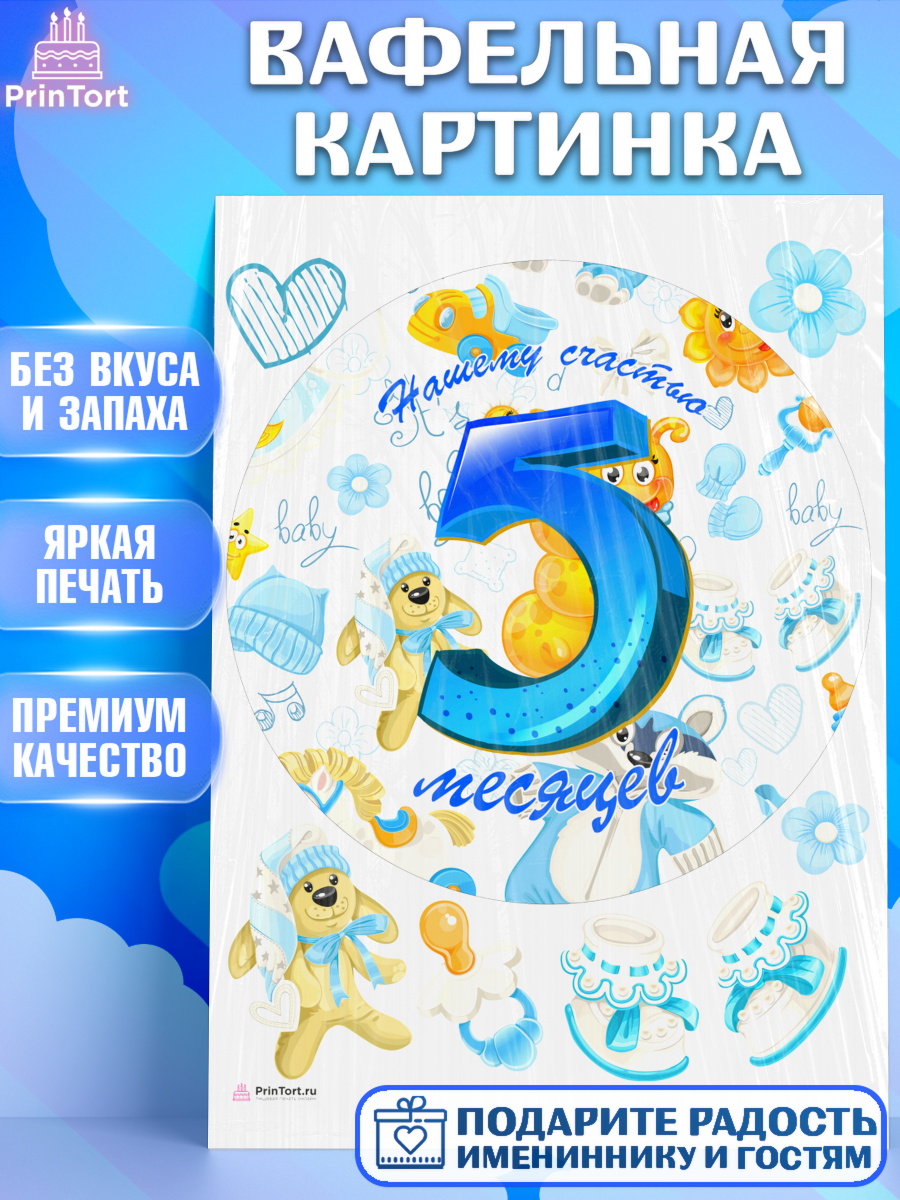 Вафельная картинка Мальчику 5 месяцев Круг Вафельная картинка, Мальчику 5 месяцев, Мальчик, 5 месяцев, День рождения, арт. PT208062