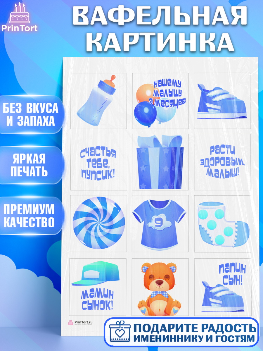 Вафельная картинка на торт Мальчику 9 месяцев в день рождения Вафельная картинка, Мальчику 9 месяцев, Мальчик, 9 месяцев, День рождения, арт. PT208135