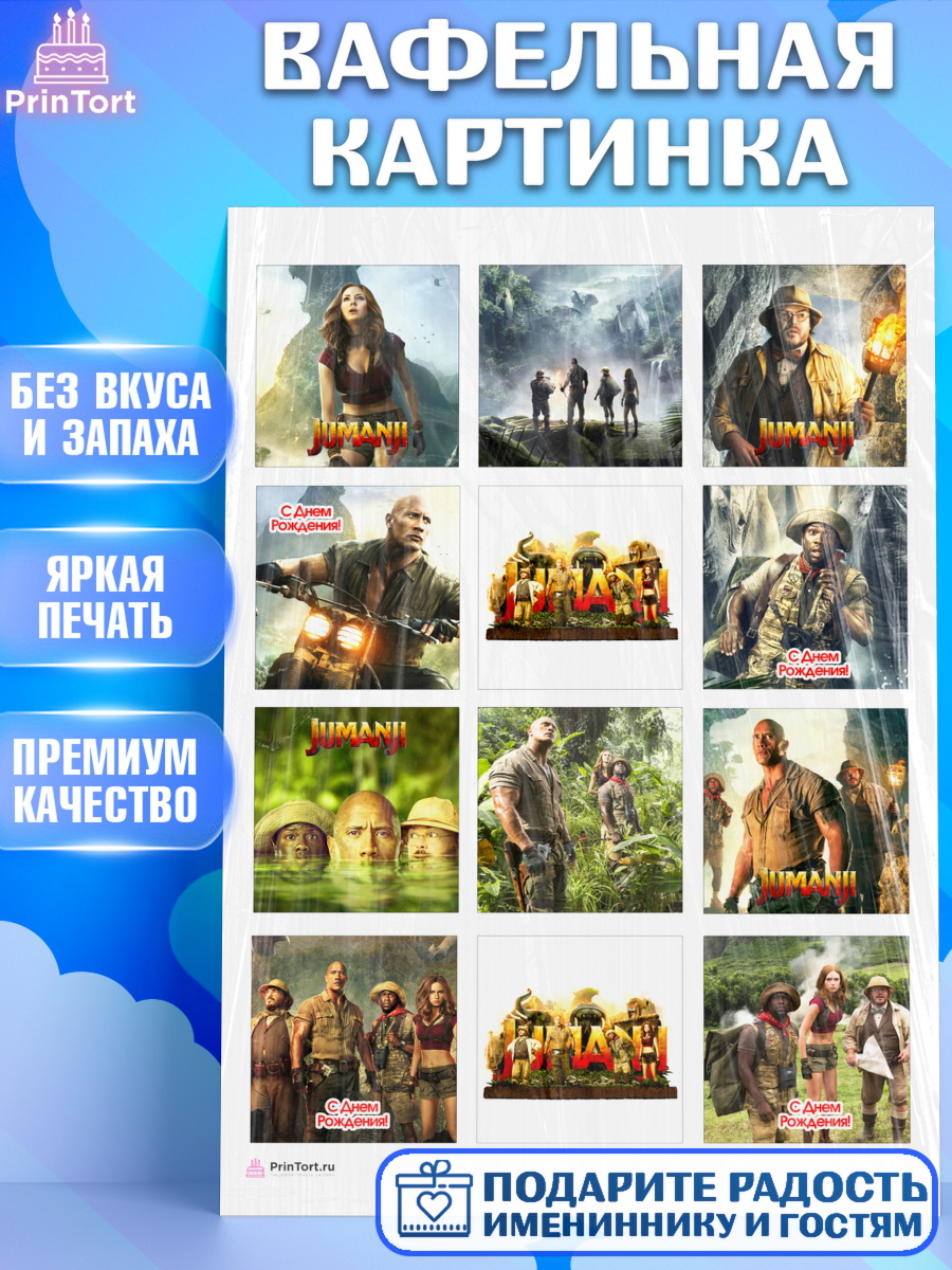 Вафельная картинка на торт Джуманджи ребёнку в день рождения Вафельная картинка, Джуманджи, Дуэйн Скала Джонсон, Девочка, День рождения, арт. PT208230