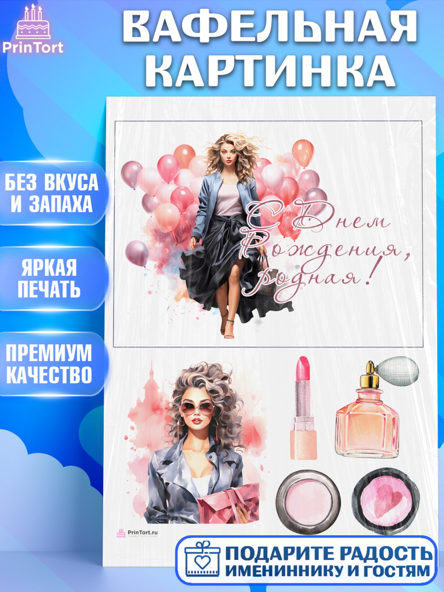 Вафельная картинка Девушке Топпер Вафельная картинка, Девушке, девушка с воздушными шарами, косметика, Девочка, День рождения, арт. PT213628