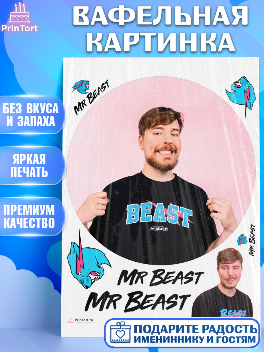 Вафельная картинка Мистер Бист Круг Вафельная картинка, Мистер Бист, mister beast, ютуб, youtube, Девочка, День рождения, арт. PT217029