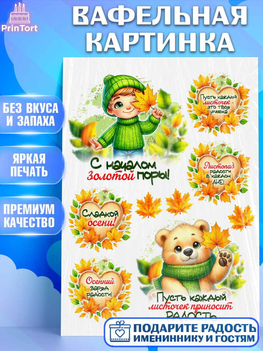 Вафельная картинка День Рождения Топпер Вафельная картинка, День рождения, осень, осенняя пора, листья, девочка, осенние листья, Мальчик, арт. PT220236