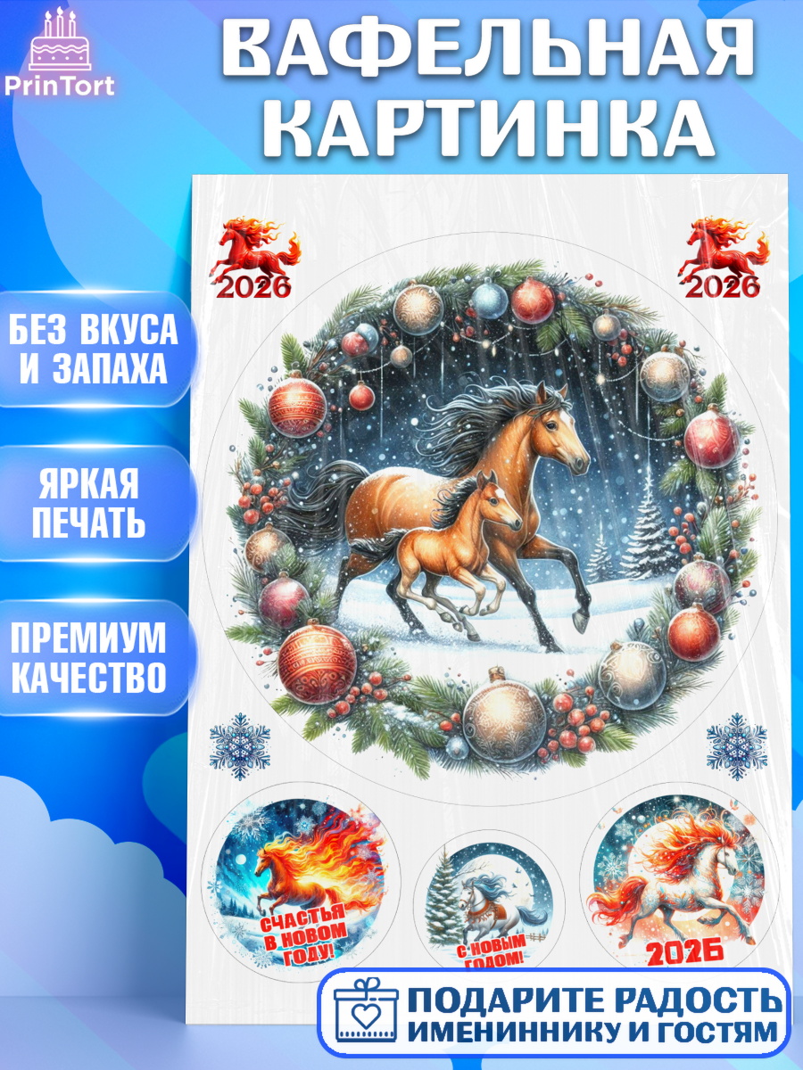 Вафельная картинка Год лошади 2026 Круг Вафельная картинка, Год лошади 2026, Новый год, 2026, лошадь, лошадка, Ёлка, дед Мороз, год лошади, арт. PT221320