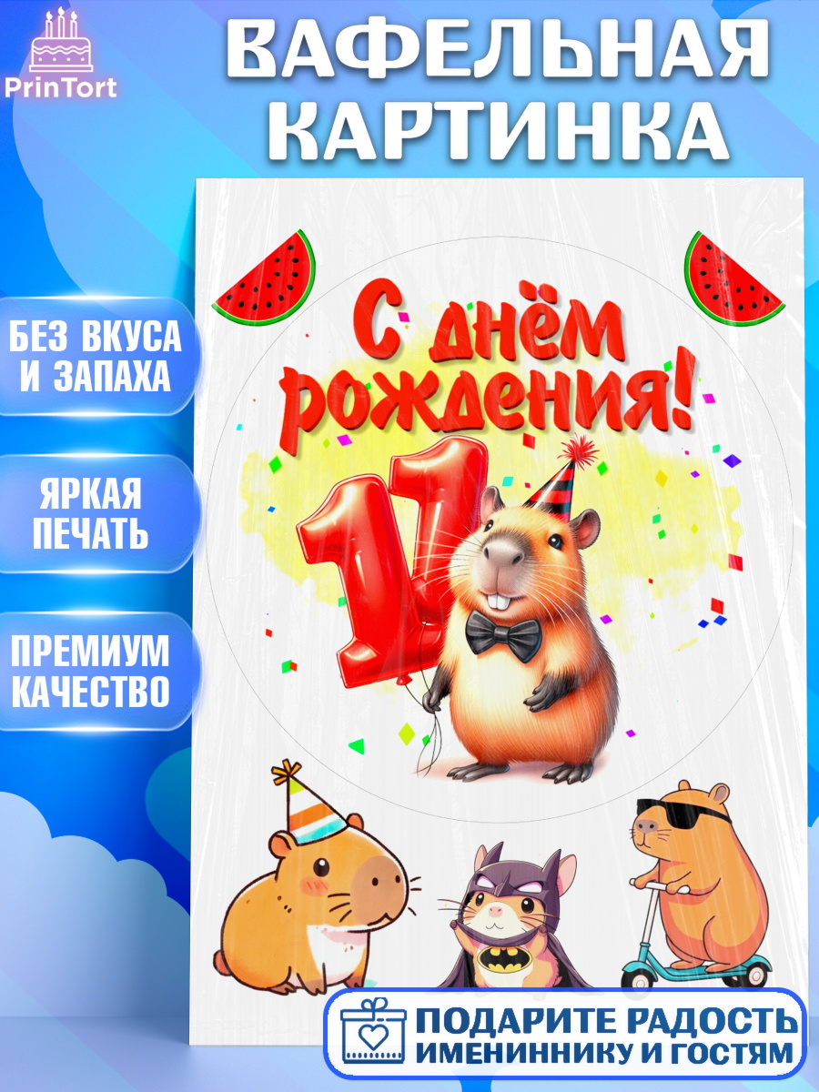 Вафельная картинка День Рождения Круг Вафельная картинка, День рождения, Капибара, праздник, Девочка, 11 лет, арт. PT221398