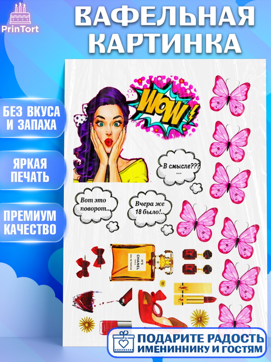 Вафельная картинка Фигурный декор Вафельная картинка, Девушке, Бабочки, Девочка, День рождения, арт. PT225403