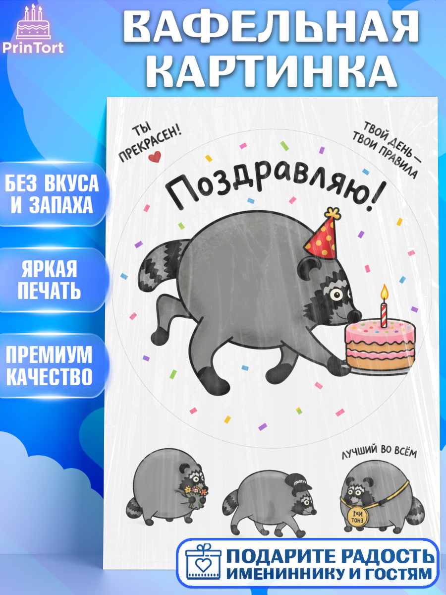 Вафельная картинка на торт Енот Джимити ребёнку в день рождения Вафельная картинка, Енот Джимити, Мальчик, День рождения, арт. PT227388