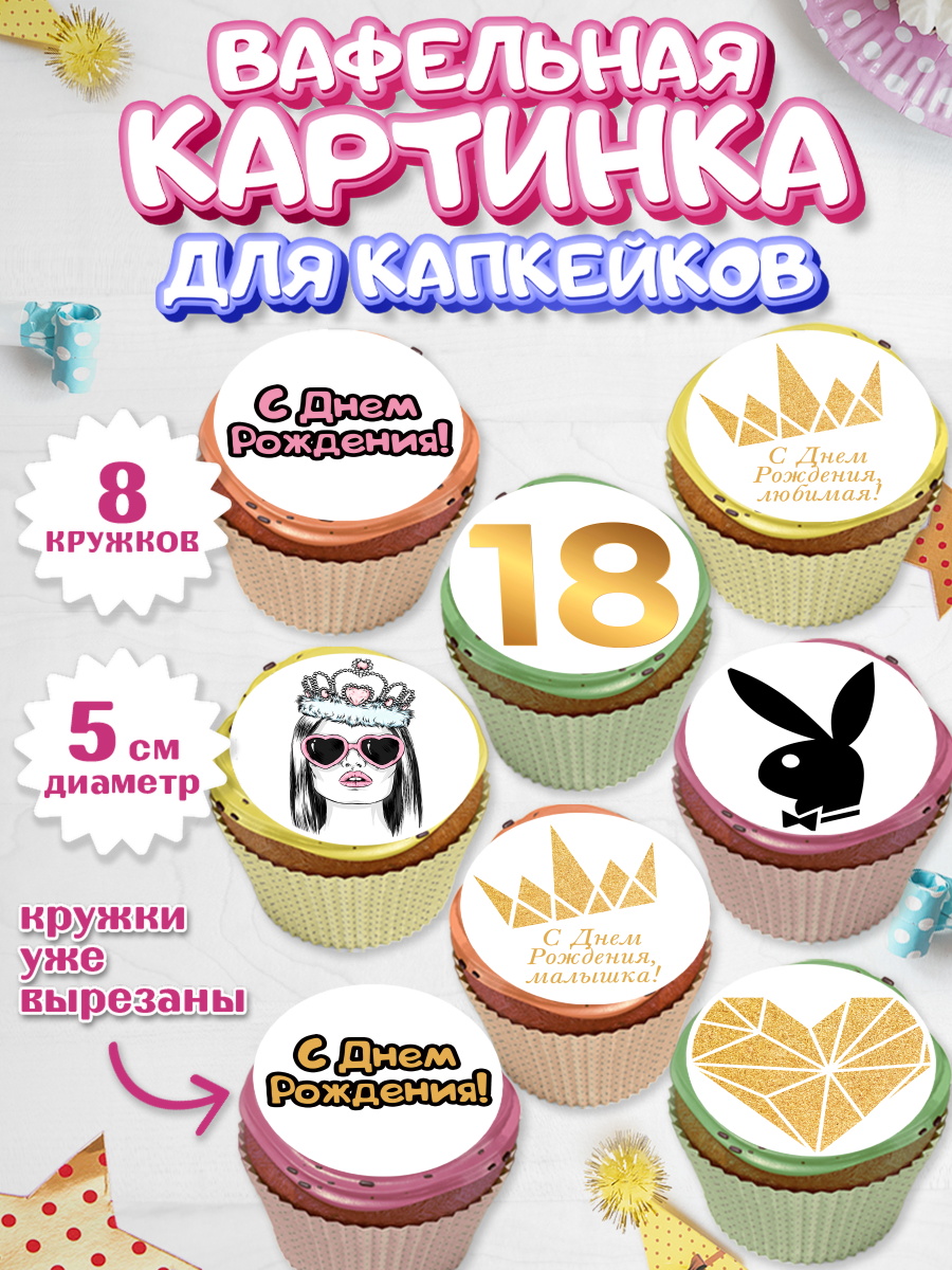 Вафельная картинка для капкейков на торт Девушке 18 лет Вафельная картинка для капкейков, Девушке 18 лет, Девушка, 18 лет, День рождения, арт. PT805712_2
