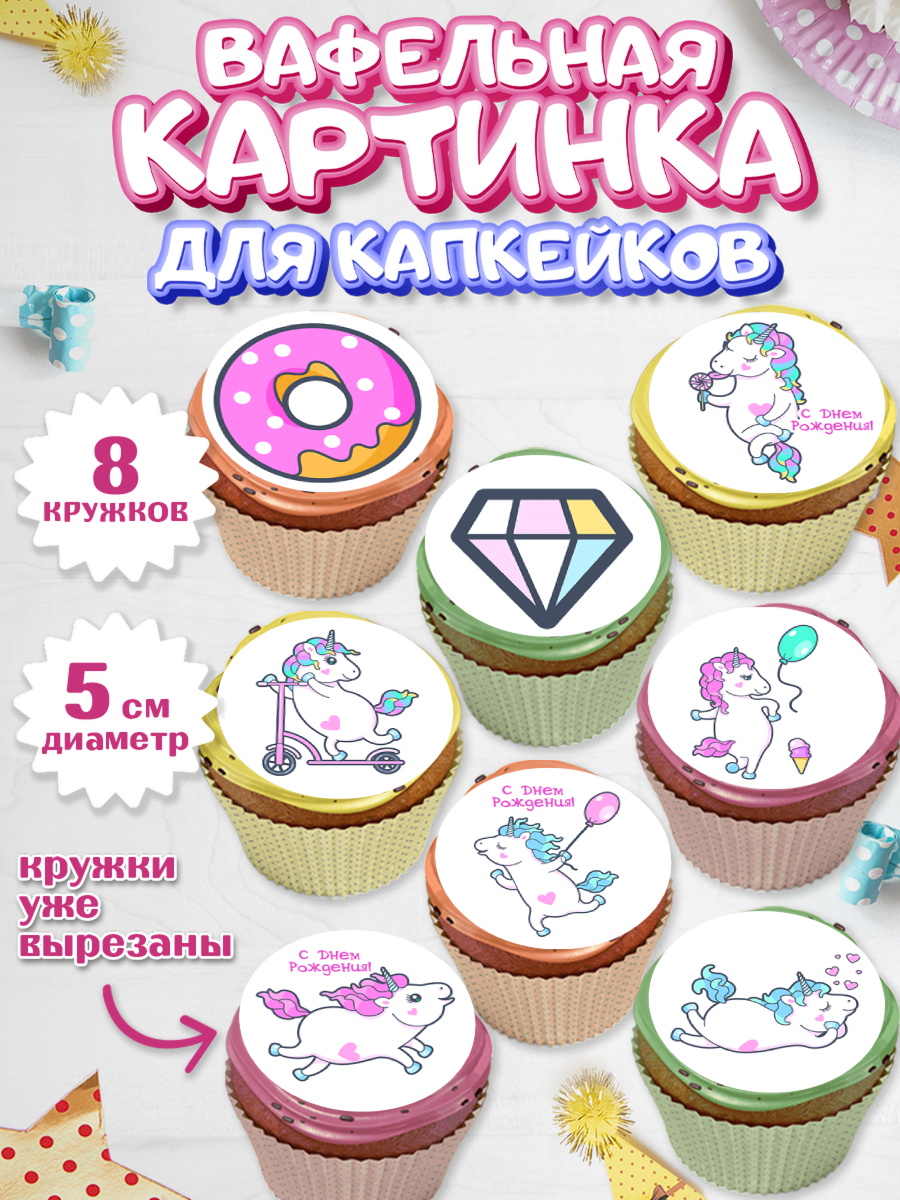 Вафельная картинка для капкейков на торт Зефирный Единорог девочке Вафельная картинка для капкейков, Зефирный Единорог, Радужный Единорог, Девочка, День рождения, арт. PT808525_2