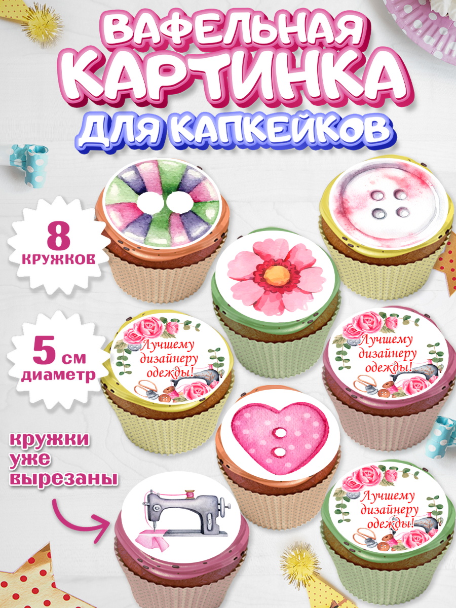Вафельная картинка для капкейков Капк 5 Вафельная картинка для капкейков, Швея модельер, Нитки, пуговица, швейная машина, ножницы, Девочка, арт. PT816513_1
