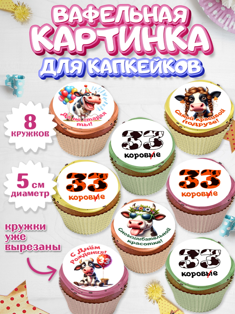 Вафельная картинка для капкейков Капк 5 Вафельная картинка для капкейков, 33 корове, корова, прикол, шарики, Девочка, День рождения, арт. PT818794_1