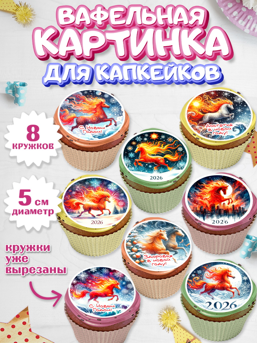 Вафельная картинка для капкейков Капк 5 Вафельная картинка для капкейков, Год лошади 2026, Новый год, 2026, лошадь, лошадка, Ёлка, дед Мороз, арт. PT821315_1