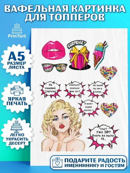 Топперы тонкая вафля, Поп арт, Девочка, День рождения, арт. PT0100049