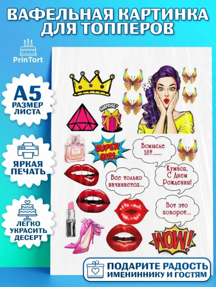 Топперы тонкая вафля, Поп арт, Девочка, День рождения, арт. PT0100054