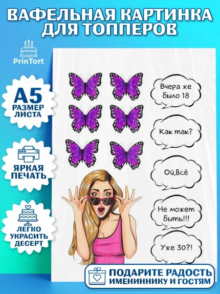 Топперы тонкая вафля, Поп арт, Девочка, День рождения, арт. PT0100055