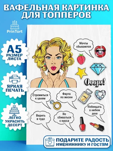 Топперы тонкая вафля, Поп арт, Девочка, День рождения, арт. PT0100057