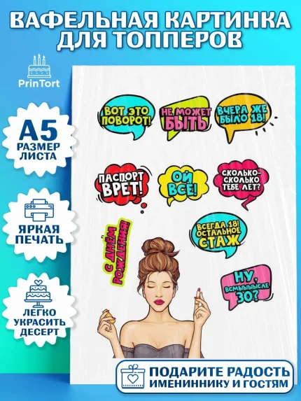 Топперы тонкая вафля, Поп арт, Девочка, День рождения, арт. PT0100558