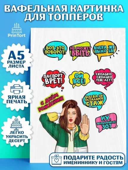 Топперы тонкая вафля, Поп арт, Девочка, День рождения, арт. PT0100559